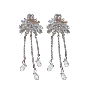 Elegant silver flower tassel earrings with sparkling crystals and teardrop pendants