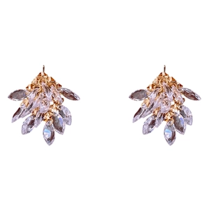 Elegant gold earrings with sparkling drop-shaped crystals arranged in a leaf design