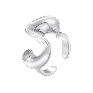 Close-up of a silver irregular wavy twisted metal open ring with polished finish
