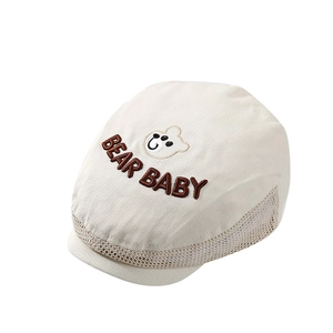 Toddler mesh beret cap with cute bear embroidery and breathable side panels for 2-5 years