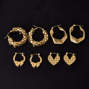 Gold Plated Titanium Steel Hoop Earrings Geometric Heart Bowknot Textured Luxury Fashion Jewelry For Women