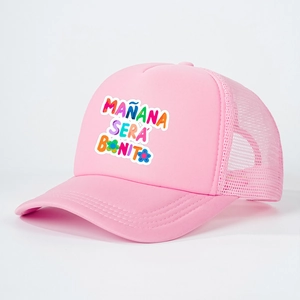 Pink trucker hat with Mañana Sera Bonito print and mesh back, shown from a 45-degree angle