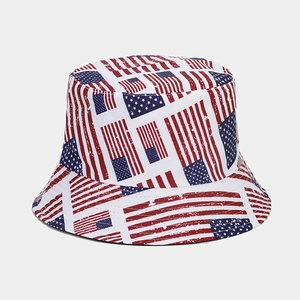 Detailed close-up of distressed American flag print on a double-sided bucket hat fabric