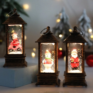 Vintage Christmas lanterns with Santa and snowman scenes glowing in warm festive light