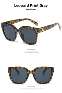 Macro view of leopard print square sunglasses featuring golden metal hardware detail