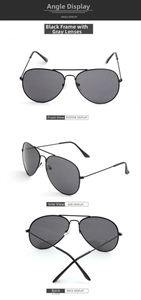 Multiple views of classic black metal aviator sunglasses with dark grey lenses