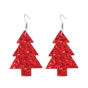 Sparkly red glitter Christmas tree leather hook earrings on white background