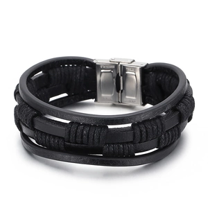 Multilayer braided black leather bracelet for men with silver stainless steel magnetic clasp