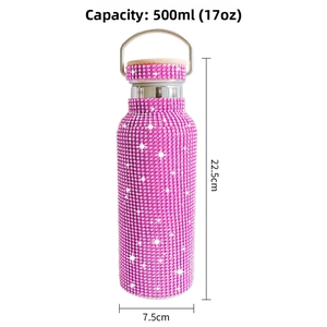 Pink rhinestone tumbler detail showing 500ml capacity, 22.5cm height and wooden lid