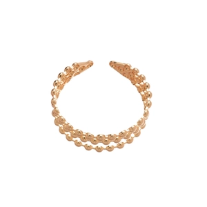 Three-layer golden beaded open cuff bracelet featuring a hollow minimalist metal design