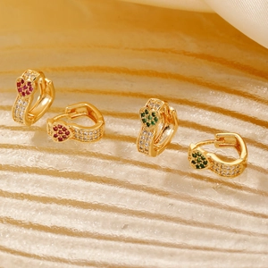 Elegant gold hoop earrings with red and green heart-shaped zircon stones and tiny crystals
