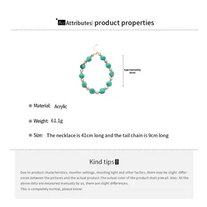 Detail view of acrylic turquoise beaded necklace with length and weight specifications