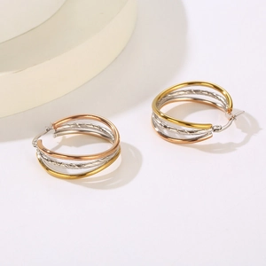 Three-tone stainless steel triple hoop earrings with gold, silver and rose gold finish