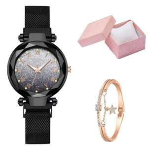 Women's black quartz watch set with starry sky dial and rose gold star charm bracelet