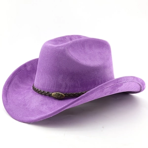 Close-up of purple faux suede cowboy hat with a braided band and bronze bull emblem