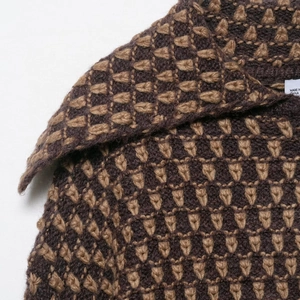 Brown geometric knit cardigan with thick texture and stylish lapel long sleeves