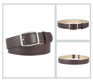 Detail of dark brown leather belt featuring a matte silver buckle from multiple view angles