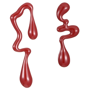 Detail view of red fluid-drop asymmetrical earrings with a glossy high-shine finish