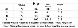 Detailed size chart for the color-block lace satin midi skirt showing XS to L dimensions