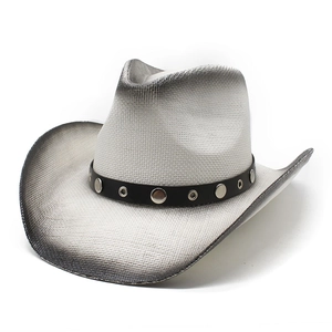 Chapeau de cowboy en paille gris rose avec dégradé et bande en cuir décorative
