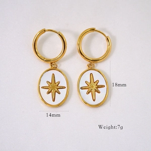 Detailed view of white shell pendant earrings with 18mm size and 7g weight specs