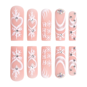 Winter white snowflake press-on nails with silver glitter and rhinestones set