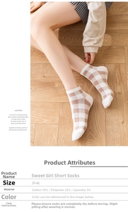 Detail of brown and white plaid short socks with cotton blend material specifications