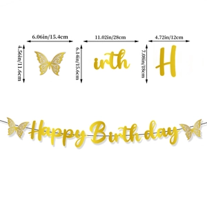 Golden butterfly Happy Birthday banner for party decoration with detailed size dimensions