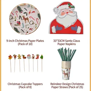 Christmas Party Disposable Tableware Paper Plates Cups Napkins Straws Plastic Cutlery Tablecloth Banner For Holiday Gathering Decoration