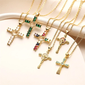 Cross Pendant Necklace Copper Gold Plated With Colorful Zircon Religious Crucifix Jesus Heart Cutout Fashion For Women Men