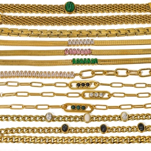Collection of gold-plated Cuban and snake chain bracelets with colorful zircon stones