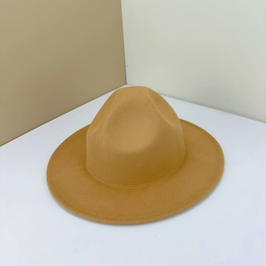 Classic camel wide brim wool fedora hat with a pinched crown for autumn fashion