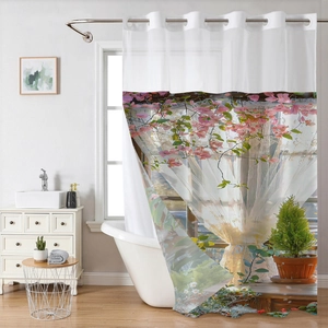 Detail of waterproof waffle shower curtain with floral garden digital print for bathroom decor