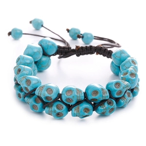 Zweilagiges Türkis-Totenkopf-Armband für Herren mit verstellbarem gewebtem Kordelzug