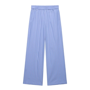 Blue and white vertical striped wide-leg pants with elastic waist in casual style