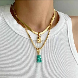 Double-layered gold twist and snake chain necklace set with cute gummy bear pendants