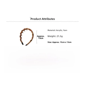 Detail view of woven wool acrylic headband with 15cm size specs and product parameters