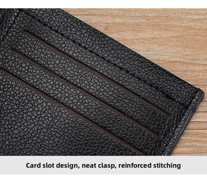 Detail of black faux leather wallet with reinforced stitching and multiple card slots
