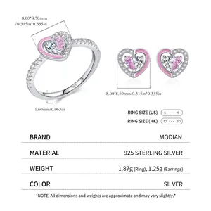 925 sterling silver romantic pink enamel heart jewelry set including ring and stud earrings