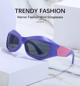 Detail of purple Y2K steampunk sports sunglasses with pink geometric temple design
