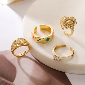 Adjustable Fashion Ring Gold Plated Copper Micro Inlaid Colorful Zircon Enamel Religious Virgin Mary Heart Star Style