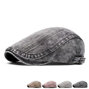 Classic washed denim beret cap for men and women with adjustable metal buckle closure