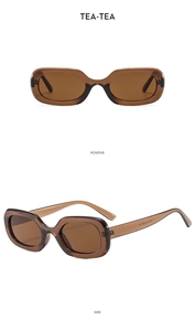 Detailed view of tea color rectangle sunglasses with transparent frame and inner temple marks