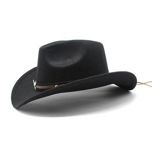 Classic black wool felt cowboy hat with brown band and silver bull head metal accessory