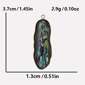 Detail view of oval abalone shell pendant with 3.7cm height and 1.3cm width measurements