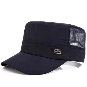 Detail of breathable mesh panel and silver metal 95 logo on a flat top summer cap
