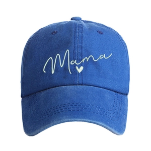 Close-up of Mama embroidery and heart detail on washed cotton blue baseball cap