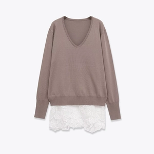 Women Knit Top V Neck Long Sleeve Patchwork Lace Hem Elegant Casual Pullover Sweater Polyester Acrylic