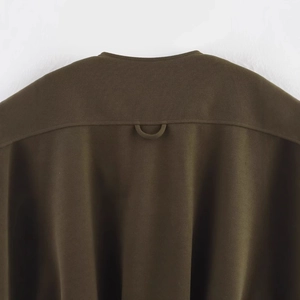 Olive green sleeveless wool vest featuring a rear collar loop and detailed pleated texture