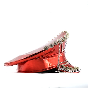 Metallic red punk captain hat with silver spikes, rhinestones, and hanging fringe chains